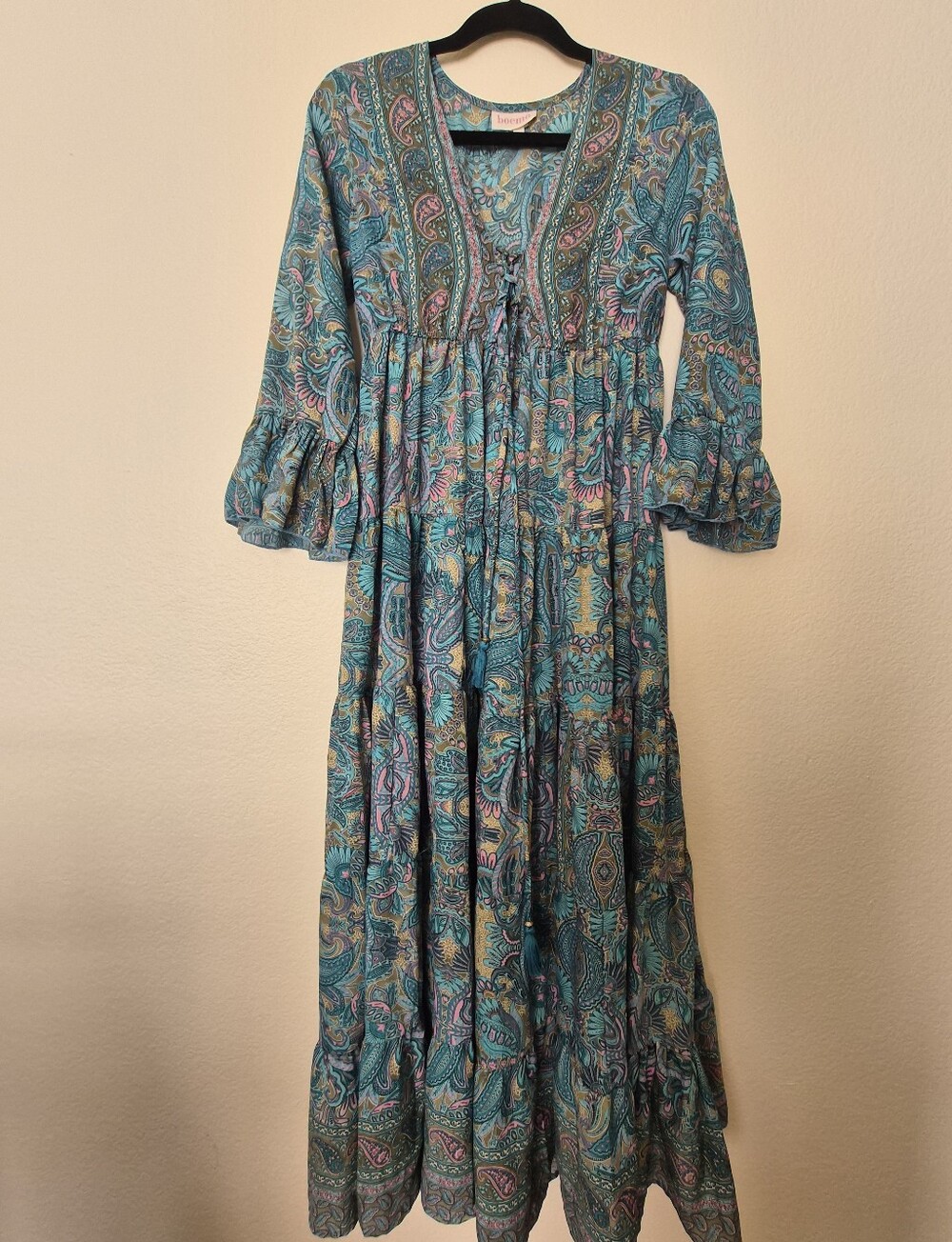 Bohemian Teal Paisley Maxi Dress with Ruffle Sleeves